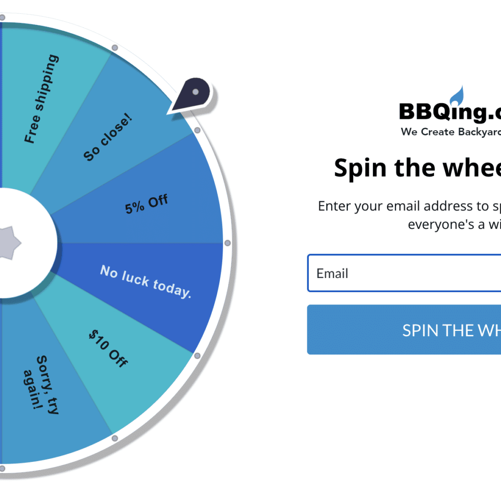 A spin wheel from https://bbqing.com/ that exemplifies how a company can gamify a sign up campaign for Black Friday Cyber Monday (BFCM) - to get Cyber Week ready.